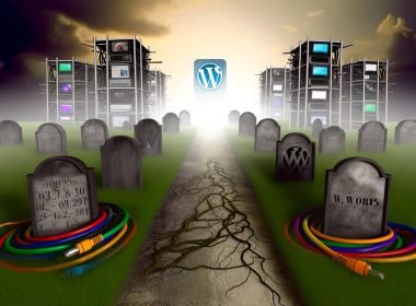 Dunkler digitaler Friedhof mit alten Monitoren, verwelkten Social Media-Icons und verblassten WordPress-Logos. Ein moderner Headless CMS leuchtet im Hintergrund, ein Pfad führt zu einer hellen, fortschrittlichen Blogging-Plattform mit SEO-Icons und APIs.
