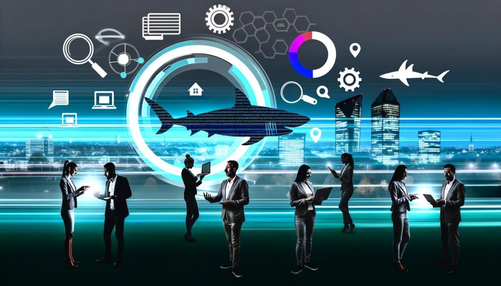 Moderne Grafik der Bremer Skyline mit digitalen SEO-Elementen, diverse Fachleute analysieren Daten und zeigen auf lokale Karten