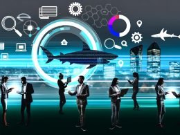 Moderne Grafik der Bremer Skyline mit digitalen SEO-Elementen, diverse Fachleute analysieren Daten und zeigen auf lokale Karten