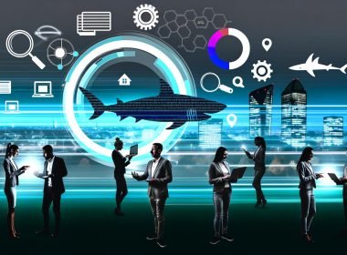 Moderne Grafik der Bremer Skyline mit digitalen SEO-Elementen, diverse Fachleute analysieren Daten und zeigen auf lokale Karten