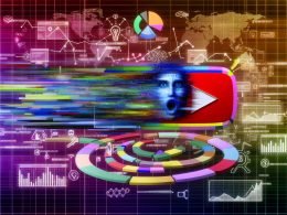 Modernes, farbenfrohes Editorial-Bild mit großem YouTube-Thumbnail, Datenströmen, Diagrammen und algorithmischen Signalen zur Darstellung der Anatomie eines viralen Videos.