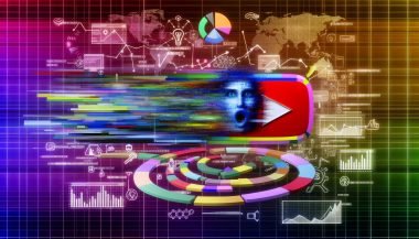 Modernes, farbenfrohes Editorial-Bild mit großem YouTube-Thumbnail, Datenströmen, Diagrammen und algorithmischen Signalen zur Darstellung der Anatomie eines viralen Videos.