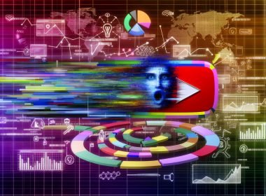 Modernes, farbenfrohes Editorial-Bild mit großem YouTube-Thumbnail, Datenströmen, Diagrammen und algorithmischen Signalen zur Darstellung der Anatomie eines viralen Videos.