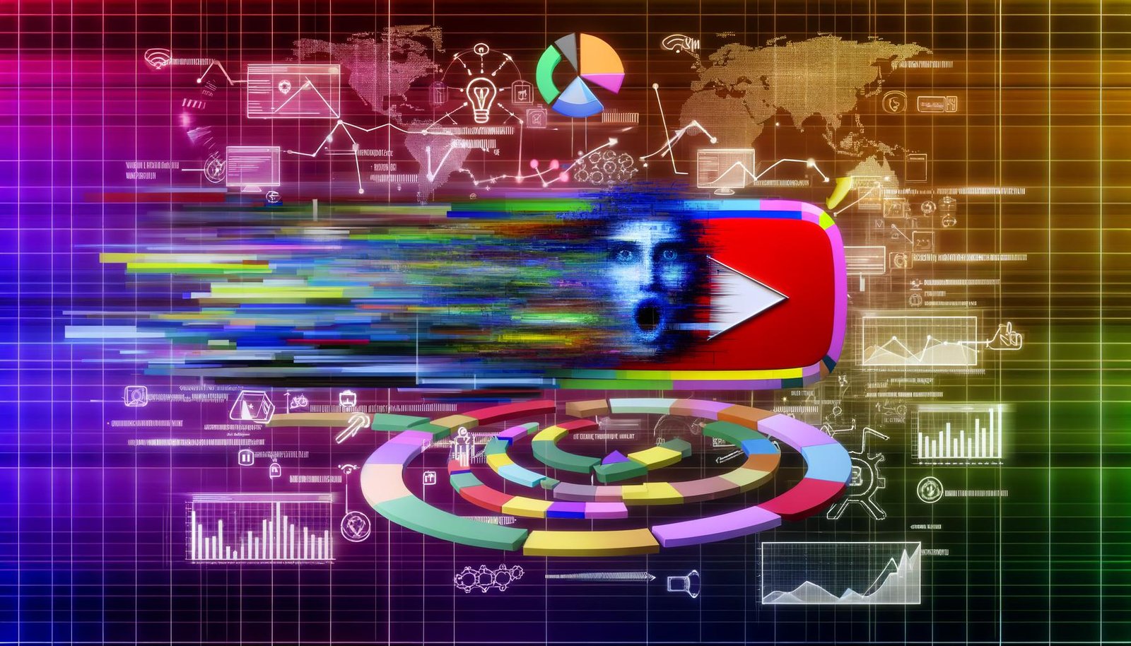 Modernes, farbenfrohes Editorial-Bild mit großem YouTube-Thumbnail, Datenströmen, Diagrammen und algorithmischen Signalen zur Darstellung der Anatomie eines viralen Videos.