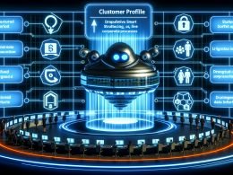 Illustration eines futuristischen Kontrollzentrums für Kundendaten mit Software, die Datenströme organisiert, holografischen Profilen und Sicherheits-Symbolen.