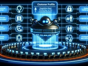 Illustration eines futuristischen Kontrollzentrums für Kundendaten mit Software, die Datenströme organisiert, holografischen Profilen und Sicherheits-Symbolen.