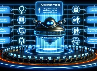 Illustration eines futuristischen Kontrollzentrums für Kundendaten mit Software, die Datenströme organisiert, holografischen Profilen und Sicherheits-Symbolen.