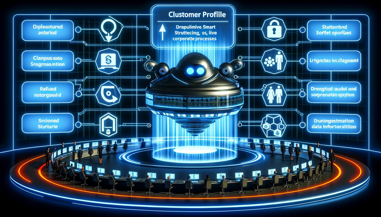 Illustration eines futuristischen Kontrollzentrums für Kundendaten mit Software, die Datenströme organisiert, holografischen Profilen und Sicherheits-Symbolen.