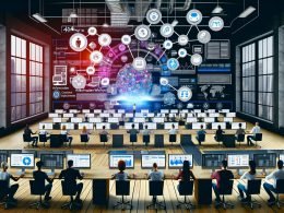 Digitale Redaktion in urbanem Loft mit automatisierten Workflows, dynamischen Diagrammen und Marketers an digitalen Dashboards