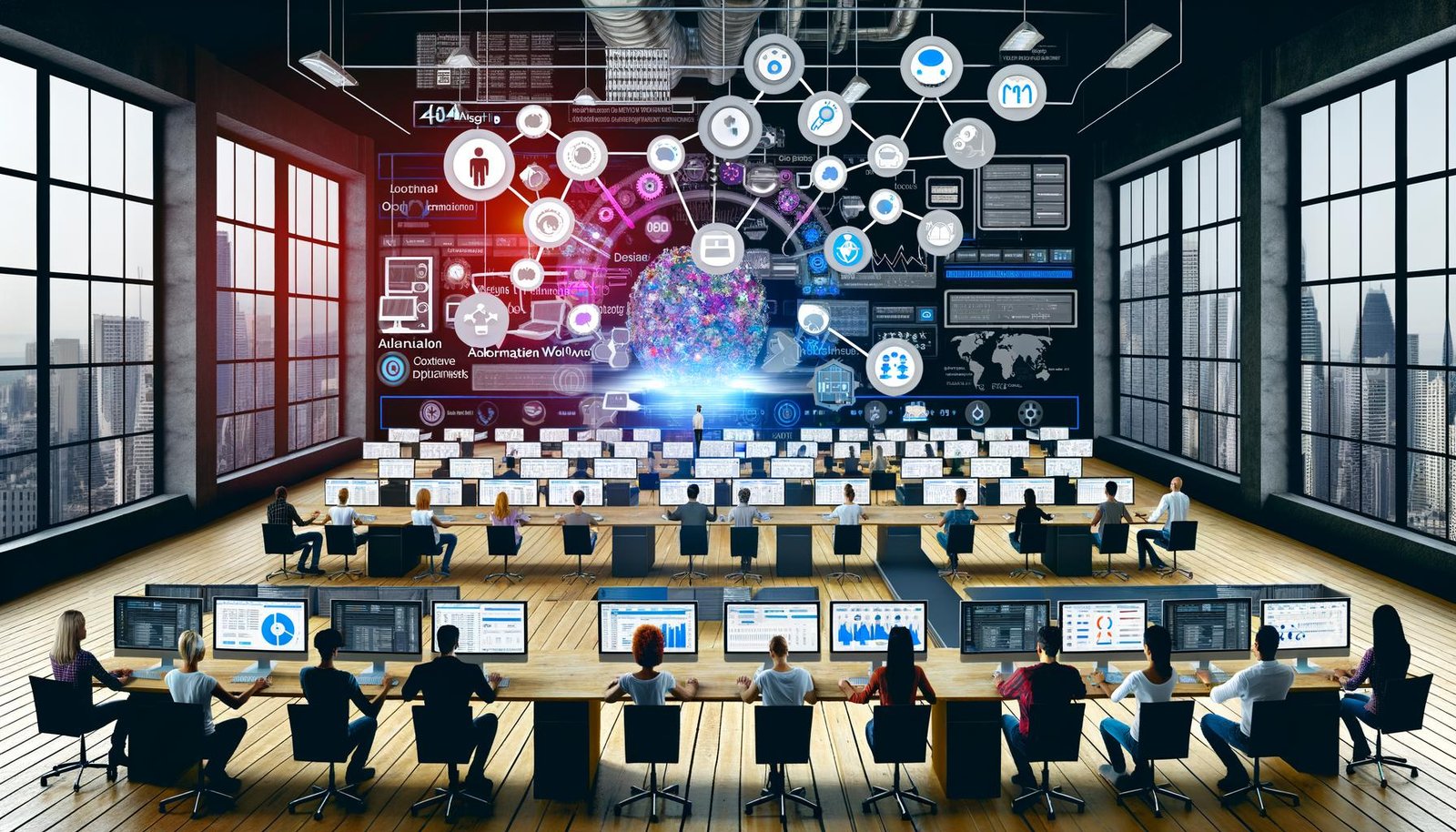Digitale Redaktion in urbanem Loft mit automatisierten Workflows, dynamischen Diagrammen und Marketers an digitalen Dashboards