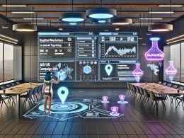 Diverse Marketing- und Entwicklerteam arbeitet in offenem, futuristischem Büro mit holografischen Yahoo Gemini Ads Dashboards, AR-Native-Ad-Hologrammen und subtilen Technologie-Motiven.