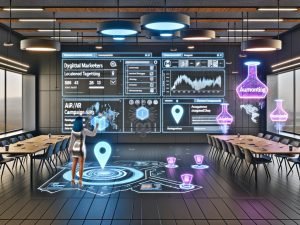 Diverse Marketing- und Entwicklerteam arbeitet in offenem, futuristischem Büro mit holografischen Yahoo Gemini Ads Dashboards, AR-Native-Ad-Hologrammen und subtilen Technologie-Motiven.