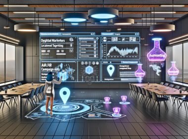 Diverse Marketing- und Entwicklerteam arbeitet in offenem, futuristischem Büro mit holografischen Yahoo Gemini Ads Dashboards, AR-Native-Ad-Hologrammen und subtilen Technologie-Motiven.