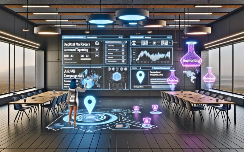 Diverse Marketing- und Entwicklerteam arbeitet in offenem, futuristischem Büro mit holografischen Yahoo Gemini Ads Dashboards, AR-Native-Ad-Hologrammen und subtilen Technologie-Motiven.