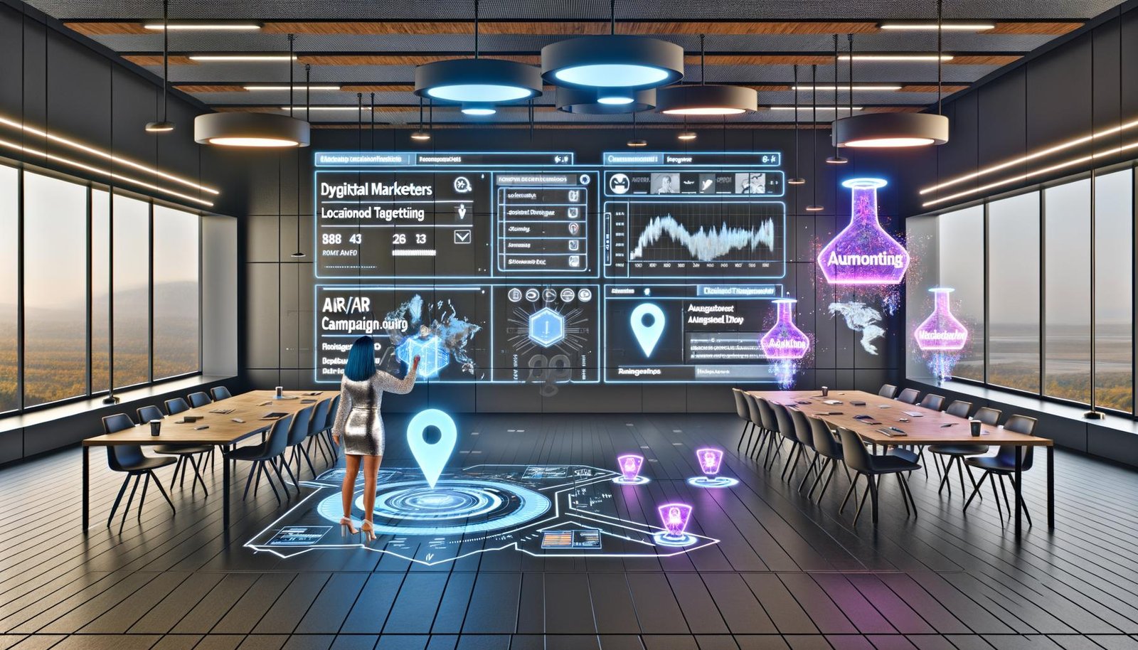 Diverse Marketing- und Entwicklerteam arbeitet in offenem, futuristischem Büro mit holografischen Yahoo Gemini Ads Dashboards, AR-Native-Ad-Hologrammen und subtilen Technologie-Motiven.