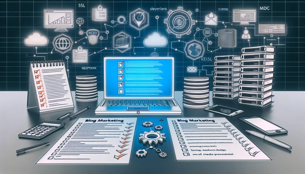 Professioneller Blog-Marketing-Arbeitsplatz mit Checkliste, Laptop mit Analyse-Tools, technischen Symbolen und KPI-Diagrammen
