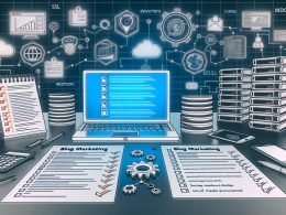 Professioneller Blog-Marketing-Arbeitsplatz mit Checkliste, Laptop mit Analyse-Tools, technischen Symbolen und KPI-Diagrammen
