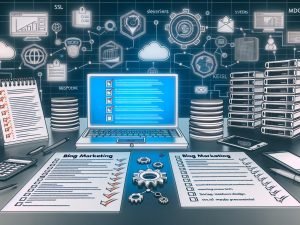 Professioneller Blog-Marketing-Arbeitsplatz mit Checkliste, Laptop mit Analyse-Tools, technischen Symbolen und KPI-Diagrammen