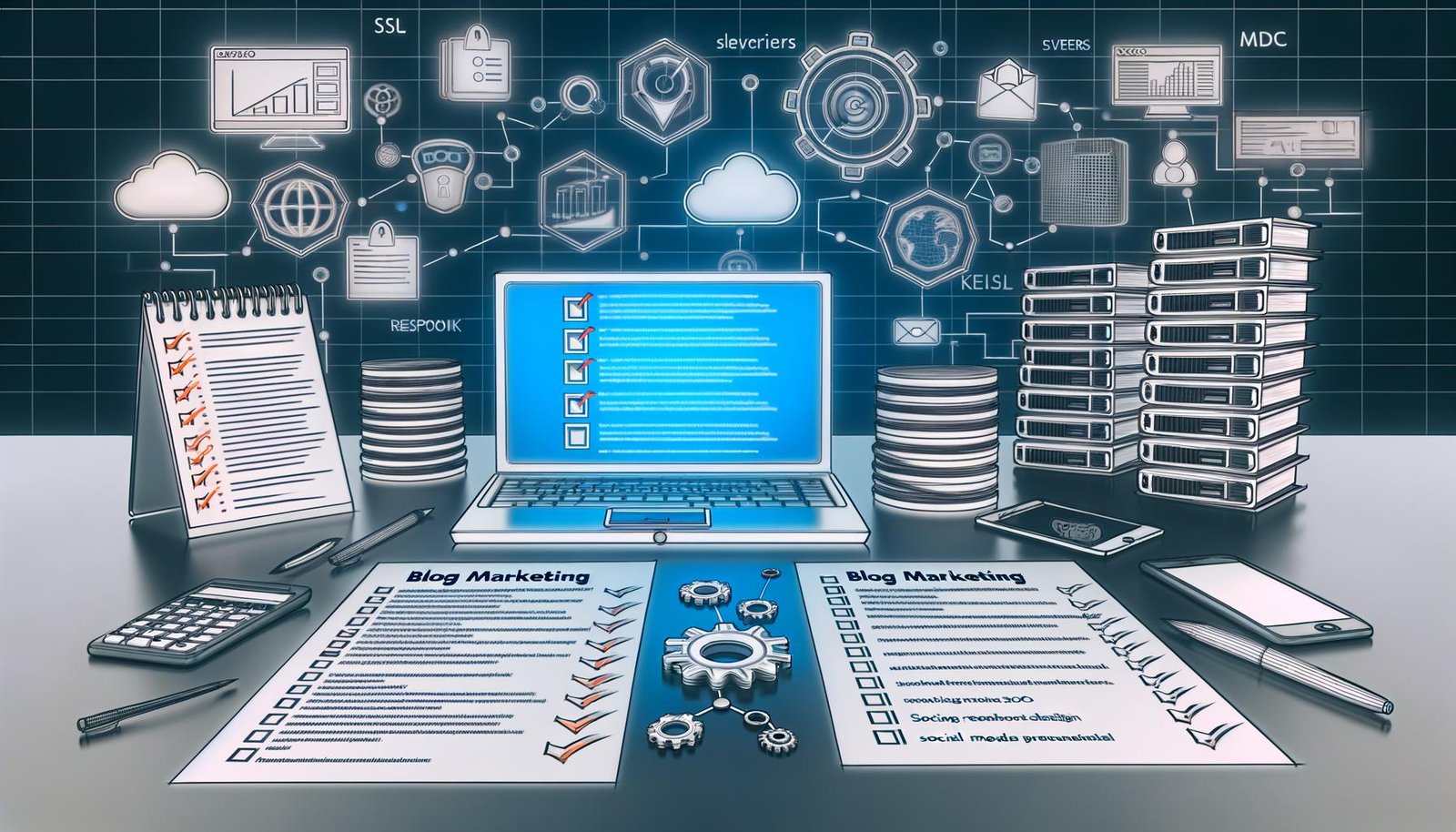 Professioneller Blog-Marketing-Arbeitsplatz mit Checkliste, Laptop mit Analyse-Tools, technischen Symbolen und KPI-Diagrammen