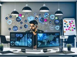 Marketer im modernen Büro vor großem digitalen Dashboard mit Datenvisualisierungen, mehreren Monitoren, Whiteboards und Marketing-Technologie-Symbolen.