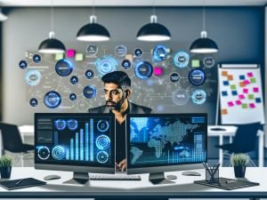 Marketer im modernen Büro vor großem digitalen Dashboard mit Datenvisualisierungen, mehreren Monitoren, Whiteboards und Marketing-Technologie-Symbolen.