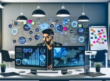 Marketer im modernen Büro vor großem digitalen Dashboard mit Datenvisualisierungen, mehreren Monitoren, Whiteboards und Marketing-Technologie-Symbolen.