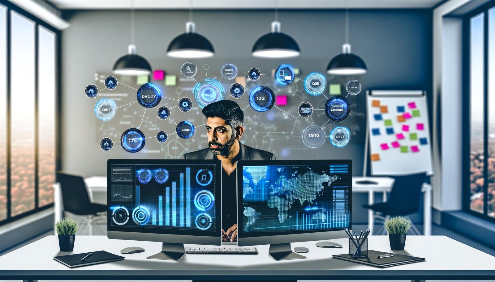 Marketer im modernen Büro vor großem digitalen Dashboard mit Datenvisualisierungen, mehreren Monitoren, Whiteboards und Marketing-Technologie-Symbolen.