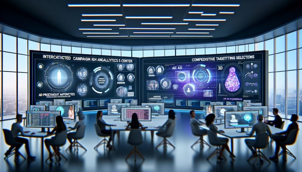 Arbeitsplatz mit Yahoo Gemini AR Native Display Dashboard, mehrere Bildschirme mit Kampagnenanalysen, 3D-AR-Werbung, Targeting-Optionen und Teamarbeit vor holografischen Projektionen.