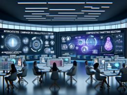 Arbeitsplatz mit Yahoo Gemini AR Native Display Dashboard, mehrere Bildschirme mit Kampagnenanalysen, 3D-AR-Werbung, Targeting-Optionen und Teamarbeit vor holografischen Projektionen.