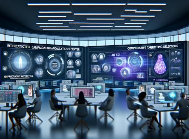 Arbeitsplatz mit Yahoo Gemini AR Native Display Dashboard, mehrere Bildschirme mit Kampagnenanalysen, 3D-AR-Werbung, Targeting-Optionen und Teamarbeit vor holografischen Projektionen.