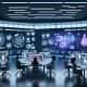 Arbeitsplatz mit Yahoo Gemini AR Native Display Dashboard, mehrere Bildschirme mit Kampagnenanalysen, 3D-AR-Werbung, Targeting-Optionen und Teamarbeit vor holografischen Projektionen.