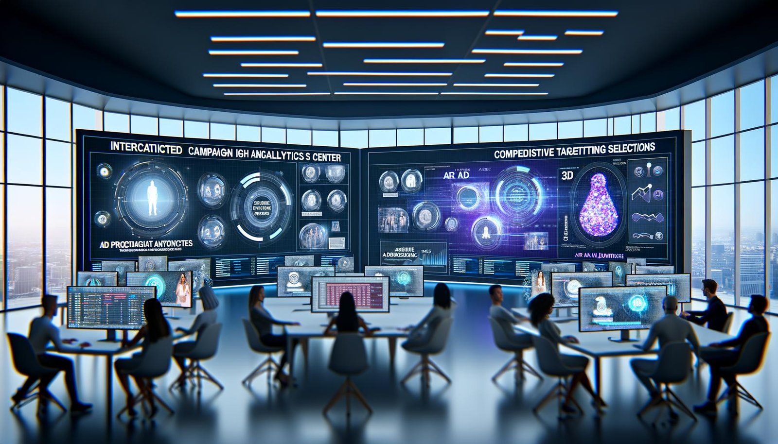 Arbeitsplatz mit Yahoo Gemini AR Native Display Dashboard, mehrere Bildschirme mit Kampagnenanalysen, 3D-AR-Werbung, Targeting-Optionen und Teamarbeit vor holografischen Projektionen.