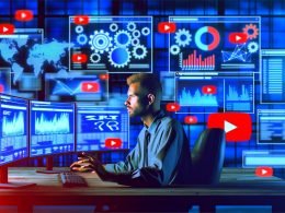Illustration eines YouTubers vor Monitoren mit SEO-Daten, Metadaten-Icons wie Titel-Tags, Playlists, Thumbnails und SRT-Dateien in modernem Technik-Büro.