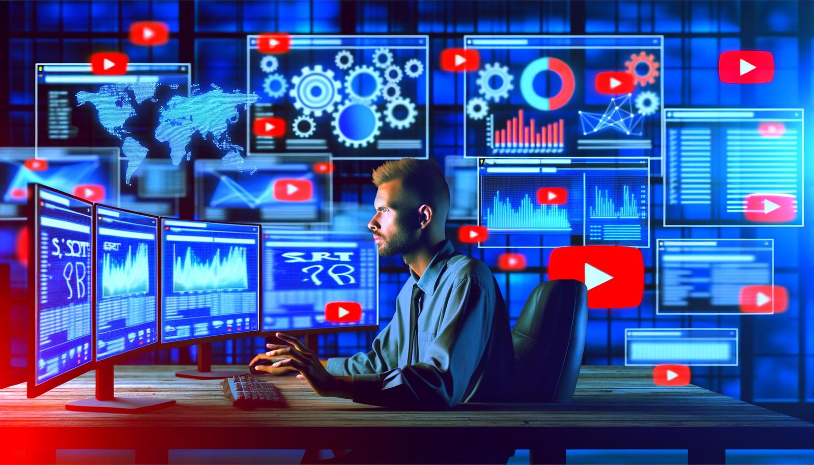 Illustration eines YouTubers vor Monitoren mit SEO-Daten, Metadaten-Icons wie Titel-Tags, Playlists, Thumbnails und SRT-Dateien in modernem Technik-Büro.