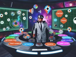 Digitales Steuerpult in modernem Raumfahrt-Design mit Screens für Content-Kalender, SEO-Analytics, Zielgruppen und Traffic-Grafiken. Im Vordergrund eine Person mit Notizblock, umgeben von strategischen Content-Icons.