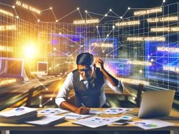 Gestresster Publisher an überladenem Schreibtisch mit Analytics-Dashboards, während der Konkurrent durch automatisierte Werbetechnologien und steigende Umsätze überzeugt.
