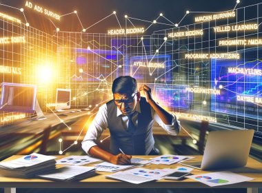 Gestresster Publisher an überladenem Schreibtisch mit Analytics-Dashboards, während der Konkurrent durch automatisierte Werbetechnologien und steigende Umsätze überzeugt.