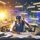 Gestresster Publisher an überladenem Schreibtisch mit Analytics-Dashboards, während der Konkurrent durch automatisierte Werbetechnologien und steigende Umsätze überzeugt.