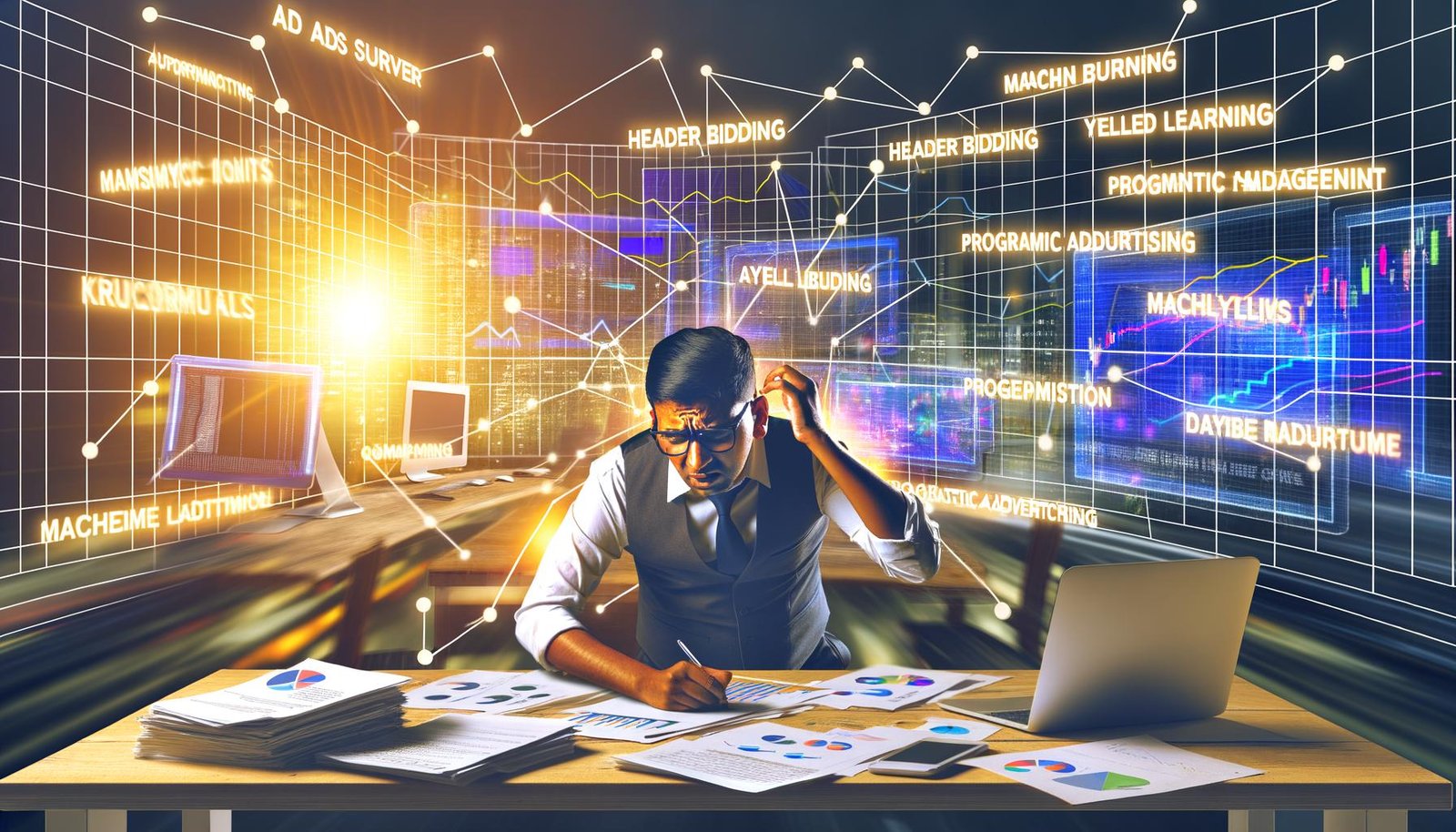 Gestresster Publisher an überladenem Schreibtisch mit Analytics-Dashboards, während der Konkurrent durch automatisierte Werbetechnologien und steigende Umsätze überzeugt.