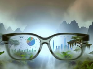 Illustrationen zu einem modernen Tracking-Framework: Brillenrahmen im Dschungel, strukturierte Framework-Schichten, KPI- und Event-Mapping auf Whiteboard, übersichtlicher Tool-Stack, Consent-Banner auf Website sowie Gegenüberstellung von Zahlenchaos und Datenklarheit.
