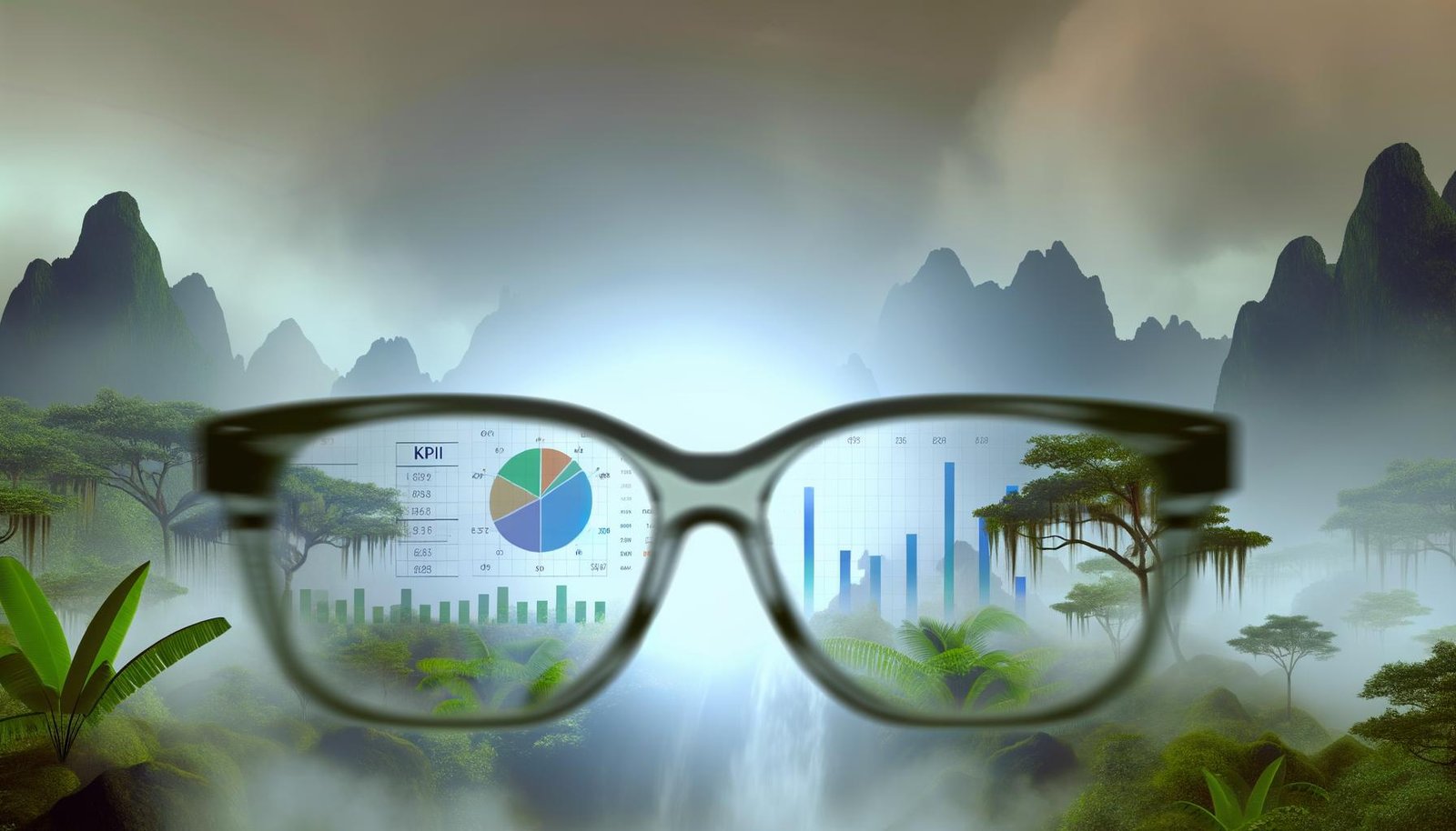 Illustrationen zu einem modernen Tracking-Framework: Brillenrahmen im Dschungel, strukturierte Framework-Schichten, KPI- und Event-Mapping auf Whiteboard, übersichtlicher Tool-Stack, Consent-Banner auf Website sowie Gegenüberstellung von Zahlenchaos und Datenklarheit.