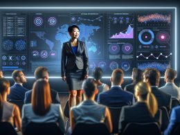 Kim Seo Hyeong steht selbstbewusst auf einer Hightech-Bühne, umgeben von digitalen Dashboards und KI-Daten, vor einem aufmerksam lauschenden, vielfältigen Publikum aus Marketing-Profis.