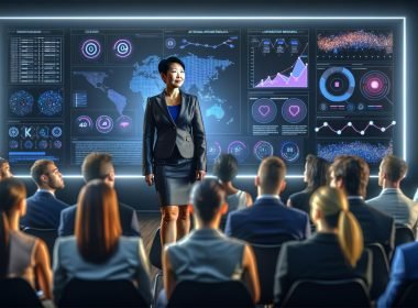 Kim Seo Hyeong steht selbstbewusst auf einer Hightech-Bühne, umgeben von digitalen Dashboards und KI-Daten, vor einem aufmerksam lauschenden, vielfältigen Publikum aus Marketing-Profis.