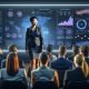 Kim Seo Hyeong steht selbstbewusst auf einer Hightech-Bühne, umgeben von digitalen Dashboards und KI-Daten, vor einem aufmerksam lauschenden, vielfältigen Publikum aus Marketing-Profis.