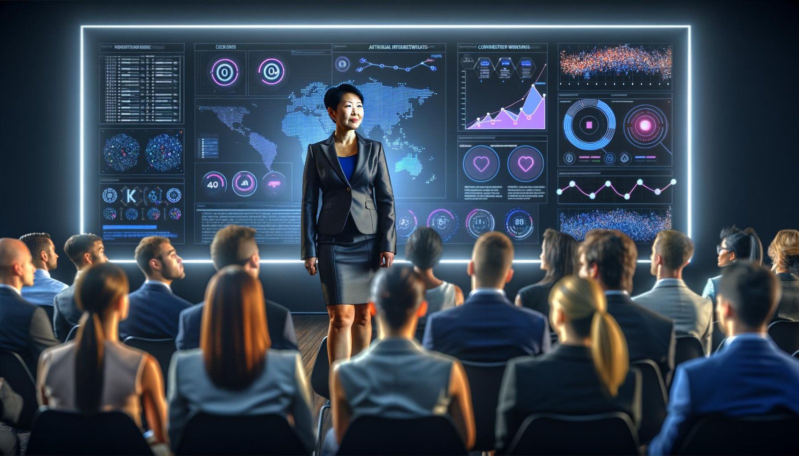 Kim Seo Hyeong steht selbstbewusst auf einer Hightech-Bühne, umgeben von digitalen Dashboards und KI-Daten, vor einem aufmerksam lauschenden, vielfältigen Publikum aus Marketing-Profis.
