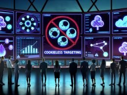 Futuristischer Kontrollraum für digitales Marketing mit Marketers, großen Analytik-Bildschirmen zu Cookieless Targeting und alternativen Targeting-Symbolen bei blauem Bildschirmlicht.