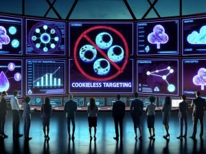 Futuristischer Kontrollraum für digitales Marketing mit Marketers, großen Analytik-Bildschirmen zu Cookieless Targeting und alternativen Targeting-Symbolen bei blauem Bildschirmlicht.