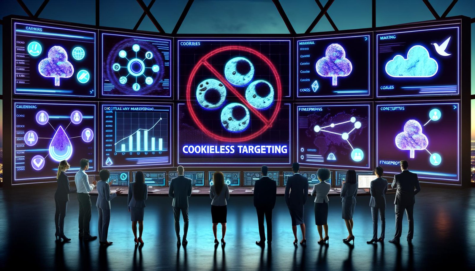 Futuristischer Kontrollraum für digitales Marketing mit Marketers, großen Analytik-Bildschirmen zu Cookieless Targeting und alternativen Targeting-Symbolen bei blauem Bildschirmlicht.