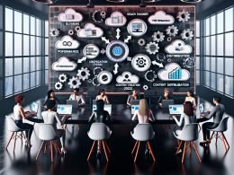 Moderne Arbeitsumgebung mit digitalen Anzeigen, SEO-Flowchart, Content-Kalender und vielfältigem Team bei der Blog-Marketing-Planung