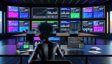 Person analysiert Dashboard mit bunten Grafiken zu Ad Revenue und Website-Traffic in einer futuristischen Redaktion, umgeben von Werbebannern und Header-Bidding-Code.